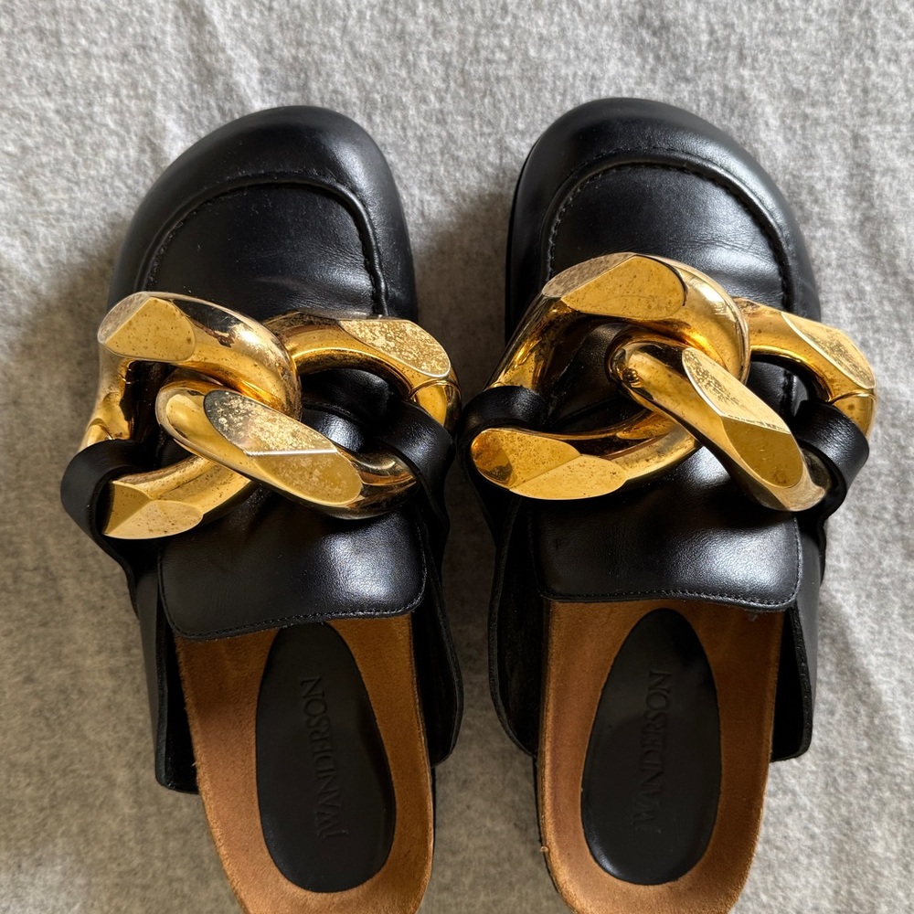 JW Anderson Black Mules with Bold Gold Chain